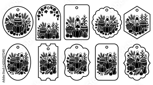 A collection of ten decorative vintage style gift tags featuring intricate floral and botanical line art illustrations isolated on transparent background isolated on transparent background