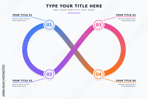 Infinity loop infographic diagram with four numbered steps modern colorful gradient flat vector layout for business presentation