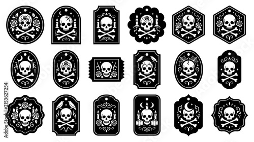 Collection of various black and white skull and crossbones emblem designs featuring decorative frames and vintage style elements isolated on transparent background