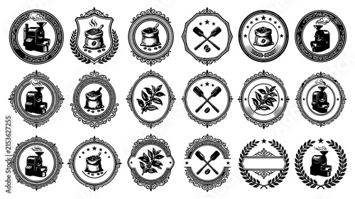 A collection of eighteen vintage style decorative circular badges and ornate frames featuring various engraved illustrations of nautical and floral elements isolated on transparent background