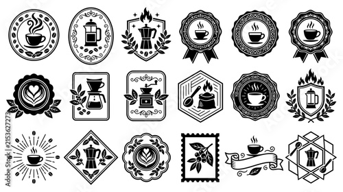 Collection of vintage coffee shop logos and emblems featuring various brewing equipment and coffee beans isolated on transparent background for your creative design projects