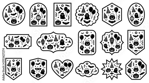 Set of decorative halloween labels with various spooky holiday icons and shapes featuring a collection of festive designs isolated on transparent background