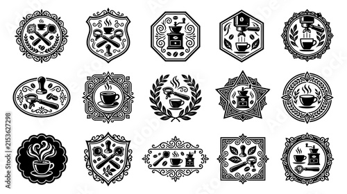 A collection of fifteen vintage heraldic crests and ornate royal emblems featuring intricate decorative frames and classic shield designs isolated on transparent background