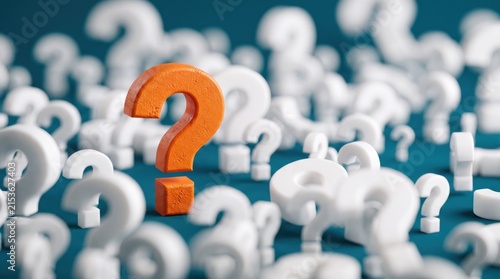 Large orange question mark surrounded by white question marks, representing uncertainty, inquiry, problem solving, decision making, and frequently asked questions concept