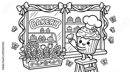 Cute cupcake character decorating a cake in a bakery window with flowers and butterflies for a fun children coloring page activity sheet