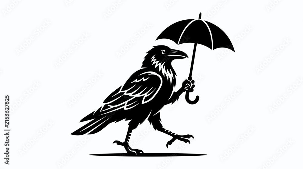 Fototapeta premium Whimsical raven walking with a black umbrella.