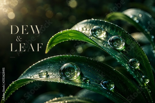 Dew Drops on Green Leaves with Luxurious Forest Bokeh Background