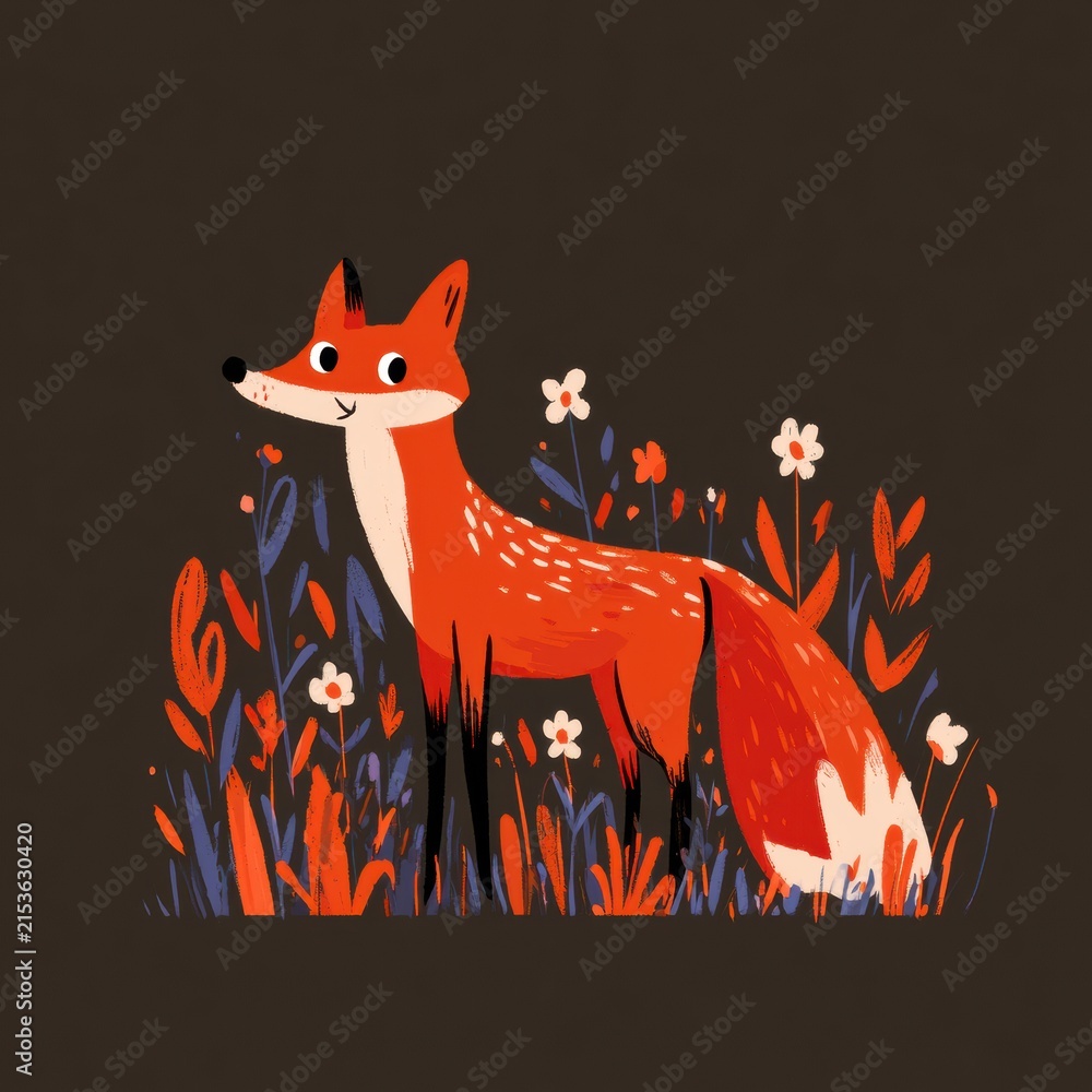 Naklejka premium A cartoon fox with big eyes stands in a field of colorful plants and flowers. The setting shows a playful animal in bright hues.