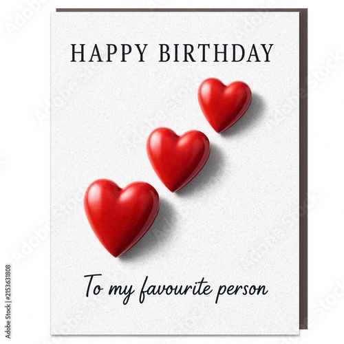 Happy birthday greeting card with three red hearts for my favourite person