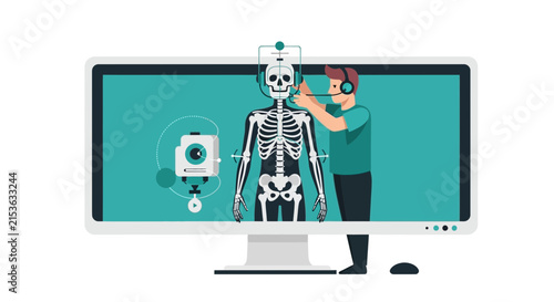 Medical Professional Analyzing Human Skeleton on Computer Screen, Digital Healthcare and Telemedicine Concept Vector Illustration