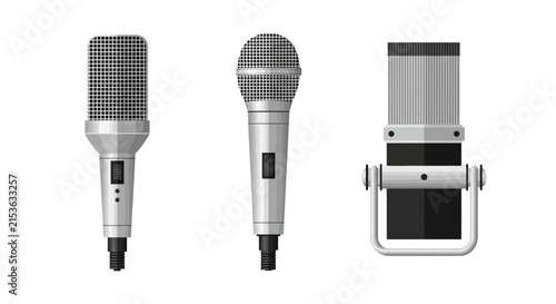 Set of Three Professional Microphone Vector Icons for Podcasting, Music Production, and Broadcasting Isolated on White