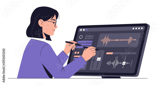 Professional Female Sound Engineer Using Stylus Pen to Edit Audio Waveforms on Digital Workstation