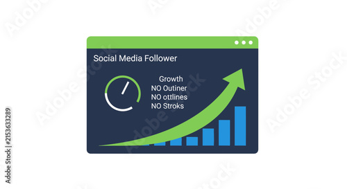 Social Media Follower Growth Dashboard Illustration showing Upward Trend Arrow, Analytics Bar Chart, and Progress Icon for Digital Marketing Strategy