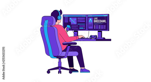 Professional Gamer and Streamer with Dual Monitor Setup and Microphone Vector Illustration