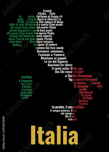 Fotografie Italy map  national anthem text and flag colors typography