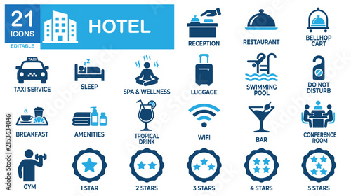 Hotel solid icon set. Includes symbols for Hotel Booking, Room Service, and Luxury Amenities. Vector icons for hotel websites, travel booking apps, and tourism brochures.