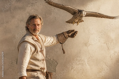 Falconry training with peregrine falcon and handler in desert light