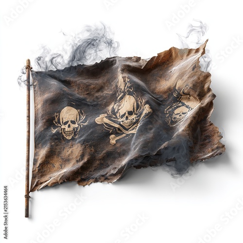 Tattered pirate flag displaying weathered skulls and crossbones with thick grey smoke rising against a clean solid white studio background