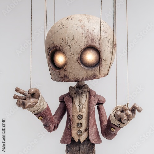 Creepy vintage marionette puppet with glowing eyes and weathered wood texture standing against clean plain isolated light gray background