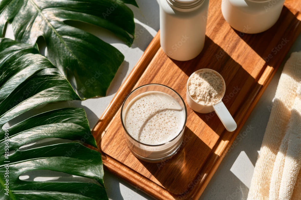 Fototapeta premium Protein shake with supplement powder scoop on wooden tray with tropical leaves in sunlight