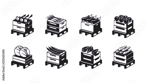 Set of black and white vector icons featuring wooden pallets stacked with fresh farm vegetables and crates