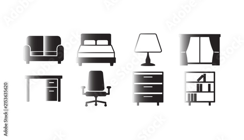 Modern interior furniture gradient vector icon collection featuring sofa bed lamp desk and shelving units