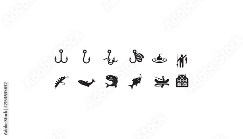 Collection of fishing icons featuring hooks bait fish boat and equipment vector silhouette symbols