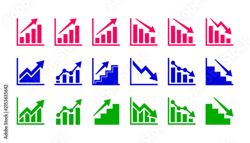 Professional business statistics profit growth and market decline chart vector icon set for financial analysis