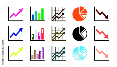 Colorful financial data analysis charts and business growth graphs vector icon set for corporate reports
