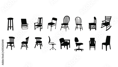 Various types of classic and modern chairs stool rocking chair and office seating vector silhouette set