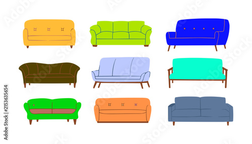 Set of colorful modern living room sofas and couches in various styles and vibrant colors