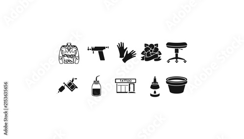 Professional tattoo studio equipment machine ink gun gloves chair and body art vector silhouette set