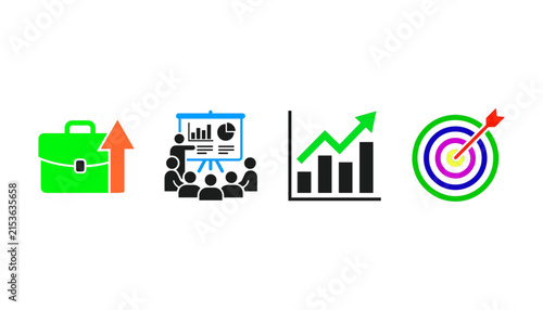 Business growth presentation strategy and target achievement vector icon set for corporate planning meetings
