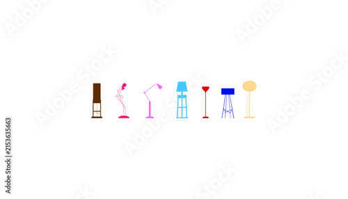 Modern interior floor lamps and colorful lighting fixtures collection vector icons for home decor