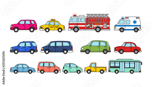 Set of various modern motor cars emergency vehicles and public transport icons for creative design projects