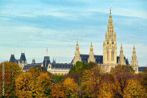 Panoramic View of Vienna City Hall and Autumn Park in Austria