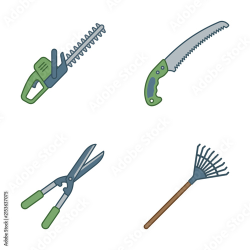 Chainsaw and hedge trimmer icons set representing landscape maintenance and forestry work tools.
