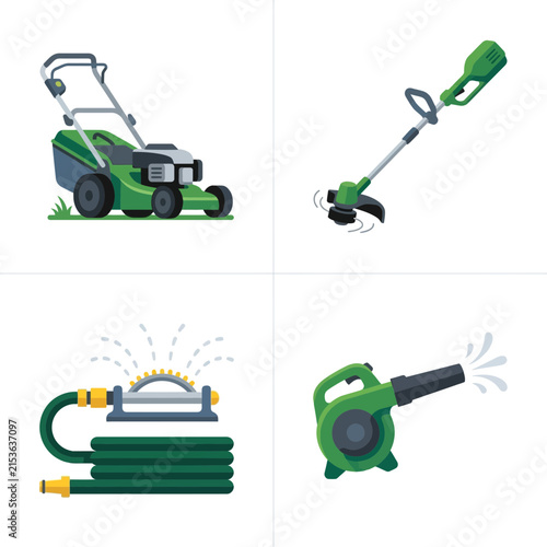 Lawn mower, string trimmer, oscillating sprinkler, and leaf blower isolated on white.