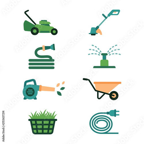 Lawnmower, trimmer, hose, and garden tools illustrated in a clean vector style.