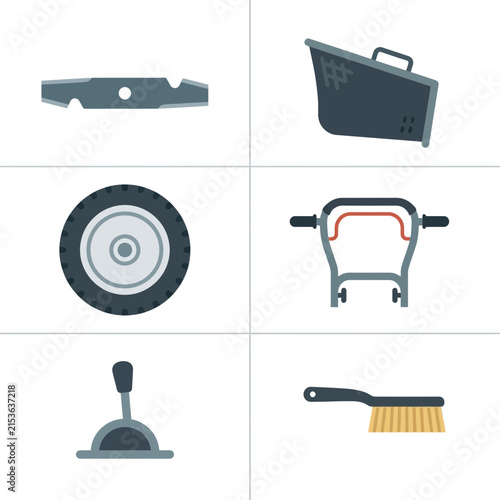 Lawnmower parts icons and grass cutting equipment symbols illustrated in a minimal style.