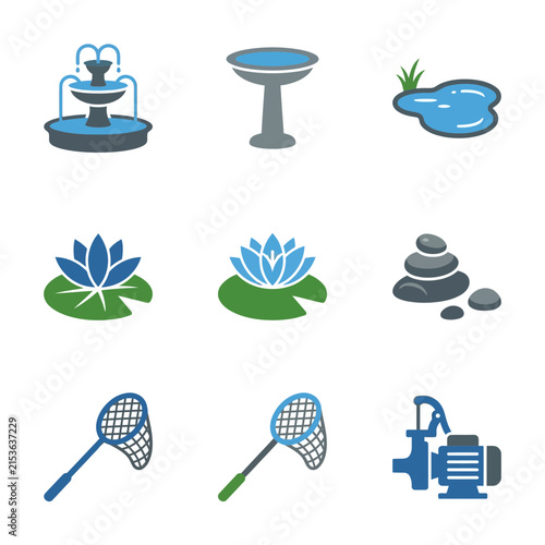 Pond and fountain icons featuring water lilies and garden equipment depicted in flat style.