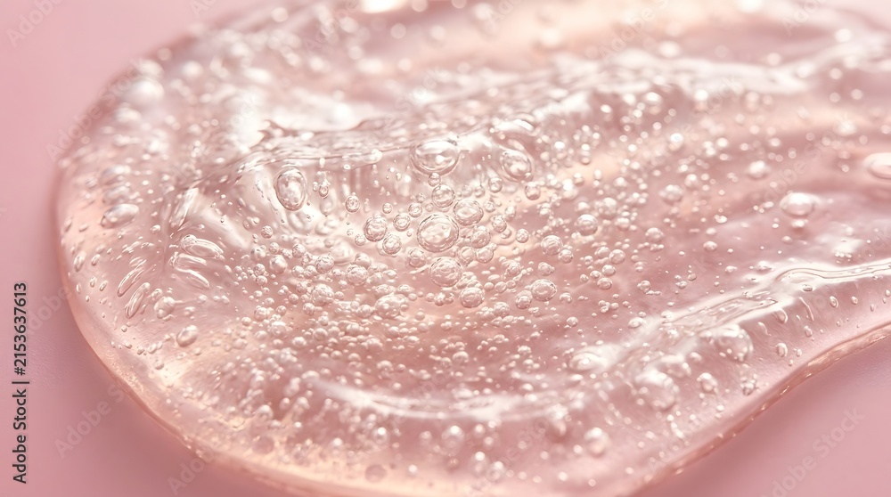 Fototapeta premium Transparent cosmetic gel smear with tiny air bubbles displays a smooth viscous texture captured under soft warm studio lighting conditions