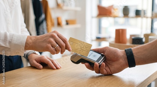 Customer paying with gold credit card using contactless nfc technology on pos terminal held by cashier in bright retail store representing modern cashless shopping