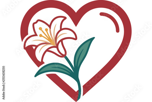 Stylized red heart outline framing a beautiful white lily flower illustration.