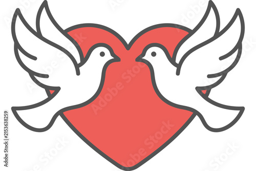 Two white doves flying in front of a red heart icon.