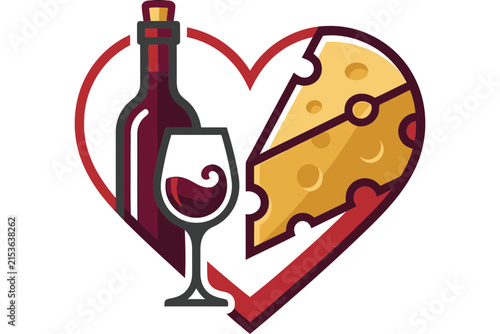 Stylized wine and cheese illustration within a heart shape symbol.