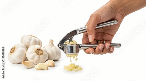 Close-up of a hand using a metal garlic press to crush fresh garlic cloves with whole bulbs and scattered garlic skins on a clean white background