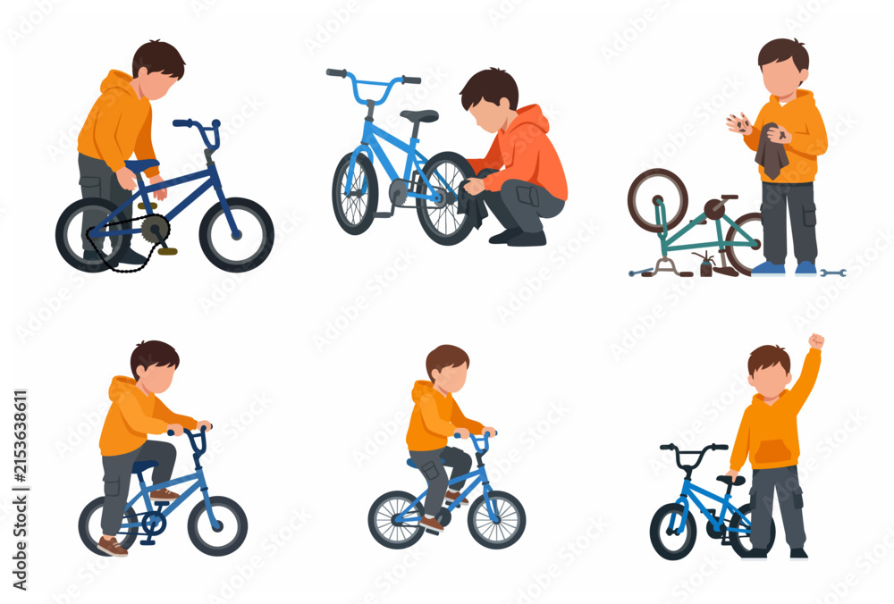 Fototapeta premium Flat vector illustration set of a young boy repairing, cleaning, and riding his blue bicycle