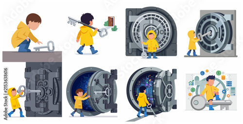 Photography Set of illustrations featuring a boy in a yellow raincoat unlocking a bank vault with a giant key, representing financial security, data privacy, and wealth management concepts