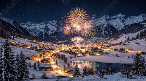 Stunning fireworks display over a cozy illuminated mountain village in the Swiss Alps during winter night.